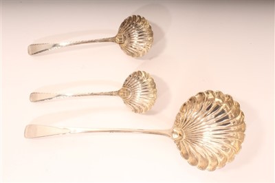 Lot 370 - George III silver Old English pattern soup ladle, 1784 and similar pair of sauce ladles