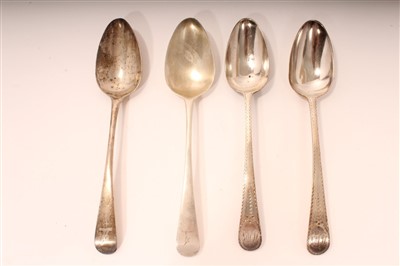 Lot 372 - Pair of George III Old English pattern silver tablespoons, London 1778 and one other, London 1801