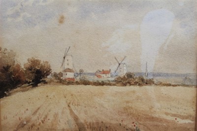 Lot 1157 - Attributed to Thomas Churchyard watercolour, Landscape with windmills