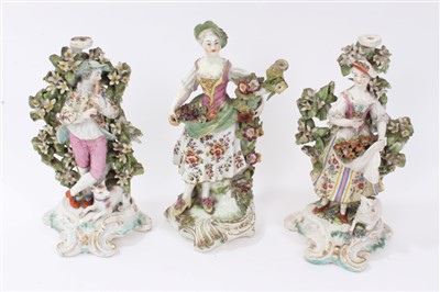 Lot 236 - Three late 18th c. Derby figures depicting the seasons, 23cm and similar figure - flower girl, 24cm