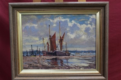 Lot 1322 - Sidney Lee, 20th century oil on board - Sailing Barges on the River Orwell at Pin Mill, signed, framed, 30cm x 40cm