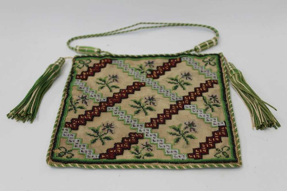 Lot 3084 - Edwardian beadwork evening bag with green tassels