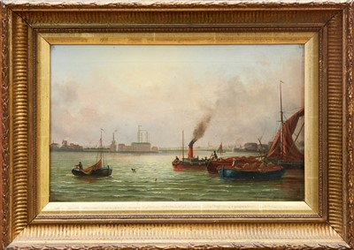 Lot 1324 - Millson Hunt (act.1875-1900) oil on canvas - shipping on The Thames, signed and dated 1887, in gilt frame, 24cm x 39cm