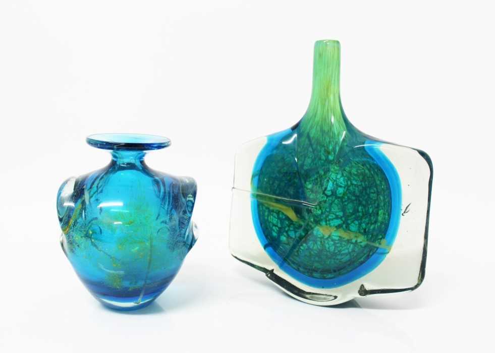 Lot 2000 - Mdina art glass blue and yellow fish / axe-head vase, 24.5cm high and a Mdina pulled-ear vase (2)