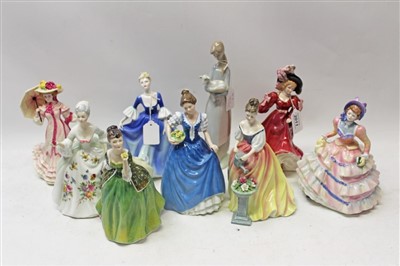 Lot 2011 - Seven Royal Doulton figures – Patricia HN3365, Hannah HN3369, Fleur HN2368, Alexandra HN3286, Springtime HN3477, Helen HN3601 and Diana HN2468, plus a Coalport figure and a Lladro figure (9)