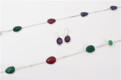 Lot 3249 - Multi gem long necklace together with pair silver amethyst drop earrings