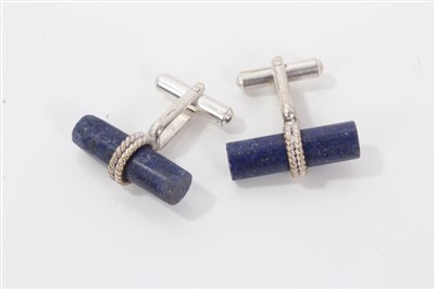 Lot 3251 - Pair silver rope twist lapis lazuli cufflinks