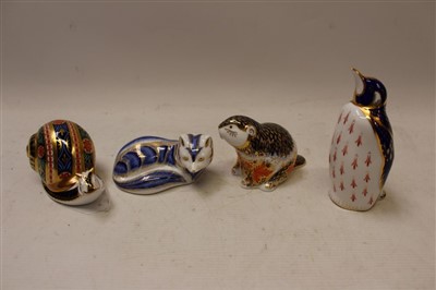 Lot 2032 - Royal Crown Derby limited edition paperweight – Garden Snail no. 3968 of 4500, boxed with certificate, plus three others – Penguin, Fox and Riverbank Beaver, all boxed