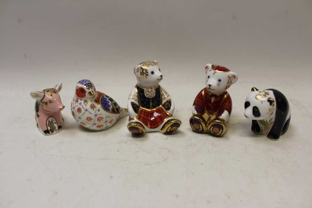Lot 2033 - Royal Crown Derby limited edition paperweight – Baby Panda no. 90 and four other special edition paperweights – Fraser Scottish Teddy, Shona Scottish Teddy, Pickworth Piglet and Chelford Chaffinch,...