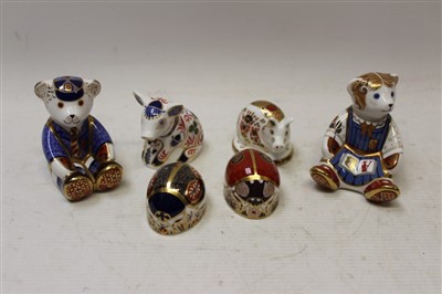 Lot 2035 - Six Royal Crown Derby paperweights – Red Ladybird, Blue Ladybird, Teddy Schoolboy, Teddy Schoolgirl, Piglet and one other pig, all boxed