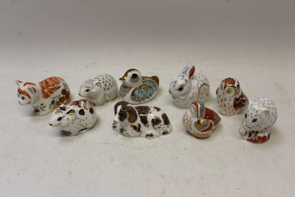 Lot 2036 - Nine Royal Crown Derby Collectors Guild paperweights – Scruff, Spice, Bunny, River Bank Vole, Teal Duckling, Bank Vole, Owlet, Ducking and Derby Dormouse, all boxed
