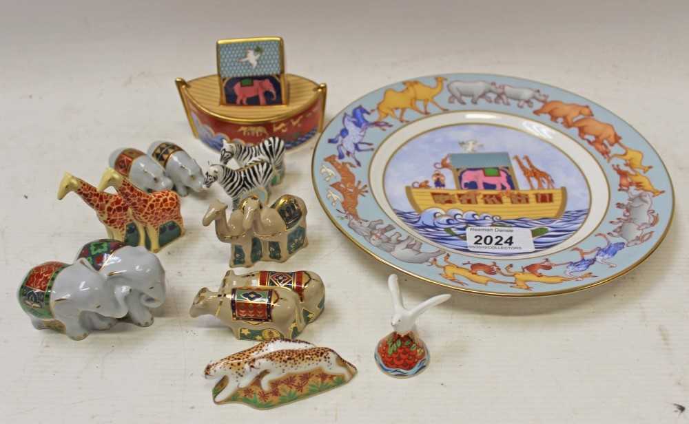 Lot 2024 - Royal Crown Derby Noah’s Ark set – comprising Noah’s Ark, elephants, giraffes, camels, hippos, cheetahs, oxen, zebras and a dove, plus a limited edition Noah’s Ark plate no. 408, with certificate,...
