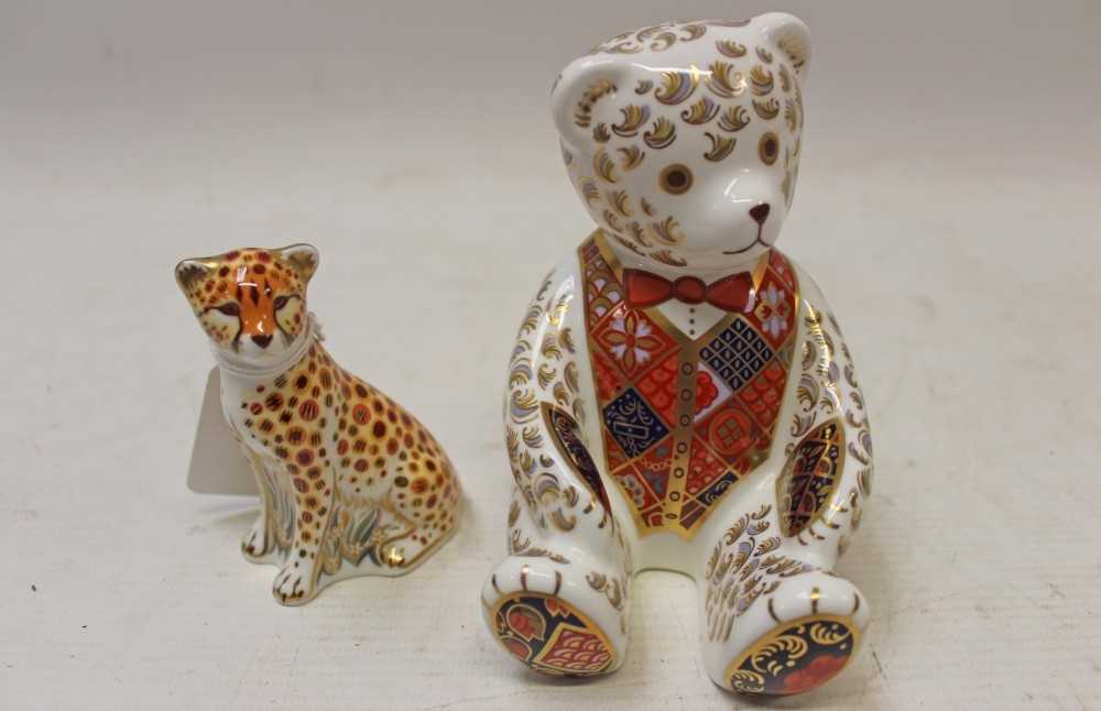 Lot 2025 - Royal Crown Derby limited edition Goviers of Sidmouth 1988 Teddy paperweight – Red Bow Tie, no. 714 of 950, boxed with certificate, plus Goviers Cheetah Cub, boxed (2)