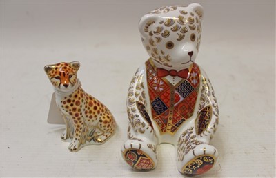 Lot 2025 - Royal Crown Derby limited edition Goviers of Sidmouth 1988 Teddy paperweight – Red Bow Tie, no. 714 of 950, boxed with certificate, plus Goviers Cheetah Cub, boxed (2)