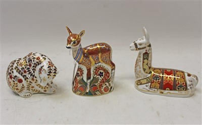 Lot 2028 - Three Royal Crown Derby paperweights – Fawn, Llama and Russian Bear, all boxed