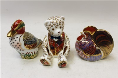 Lot 2029 - Three Royal Crown Derby paperweights – Green Winged Teal, Teddy Bear and Cockerel, all boxed