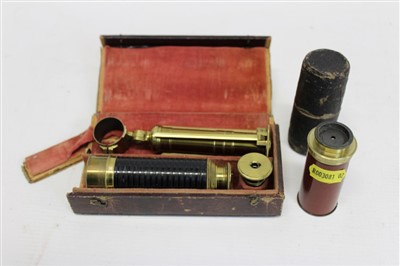 Lot 3531 - 19th Century brass pocket telescope by J D Potter, London, with tripod stand and extra lens in original fitted leather box, plus one other pocket telescope