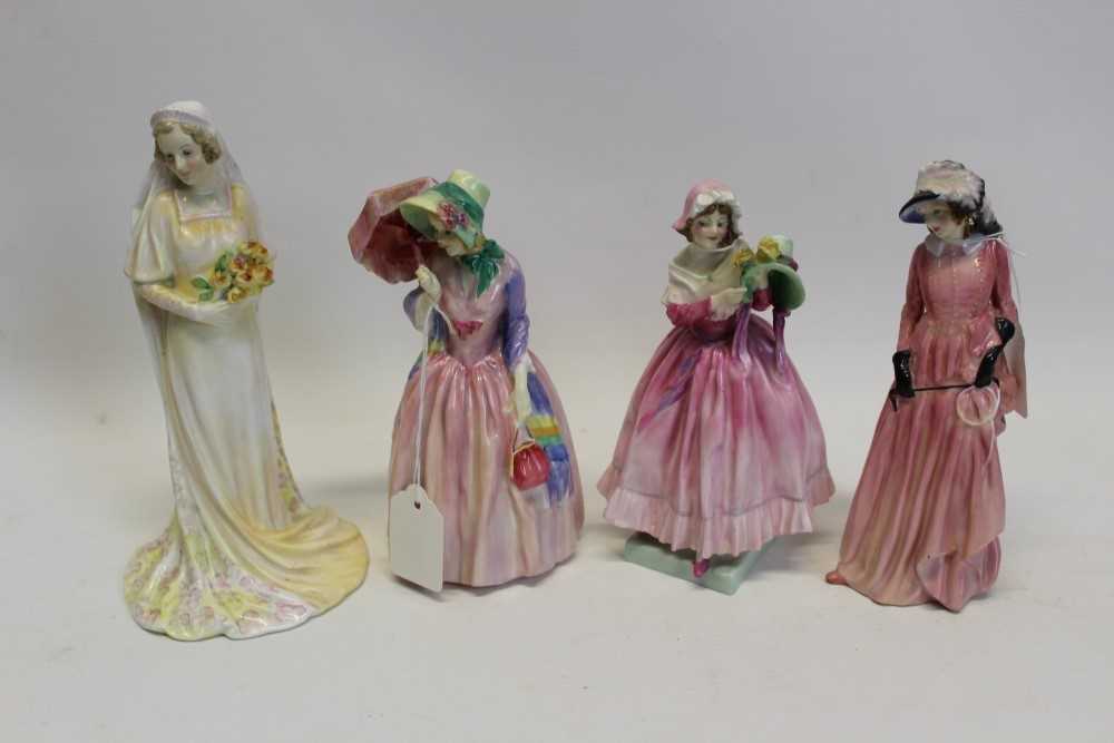 Lot 2082 - Four Royal Doulton figures – Maureen, The New Bonnet HN1728, Miss Demure HN1402 and The Bride HN1588