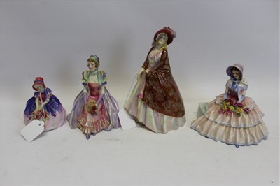 Lot 2083 - Four Royal Doulton figures – Cynthia HN1686, Monica HN1467, Day Dreams HN1731 and The Paisley Shawl HN1392