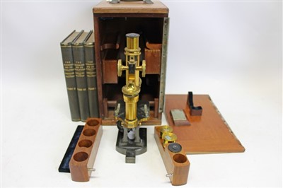 Lot 3534 - Good quality lacquered brass microscope, by Carl Zeiss,  Jena, numbered 25213 and marked - ‘VI a’ on rear of stand, in mahogany case, containing accessories, together with three Edwardian volumes o...