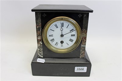 Lot 3506 - Late 19th / early 20th century mantel clock with eight day timepiece movement and white enamel dial with Roman numerals in a black slate case of architectural form, with variegated marble inserts (...