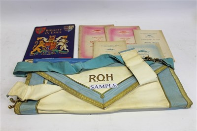 Lot 3510 - Collection of twelve silver gilt Royal Order of Buffaloes jewels and others, aprons and other regalia, together with a framed Initiation Certificate and a copy of Royalty in Essex commemorating The...