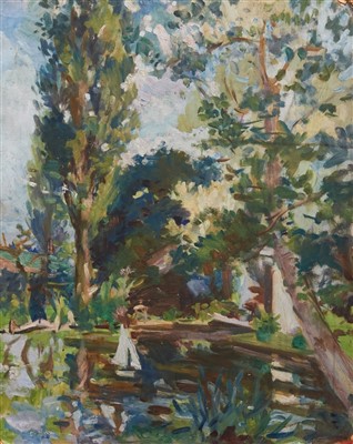 Lot 1399 - Manner of Wilfred Gabriel De Glehn (1870-1951) oil on board, boating pond