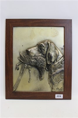 Lot 249 - Bronzed metallic relief plaque depicting the head of a retriever carrying a pheasant, signed – Gg. Bommer, in a simulated wooden frame, 33.5cm x 40.5cm