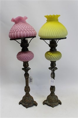 Lot 3635 - Two coloured glass oil lamps