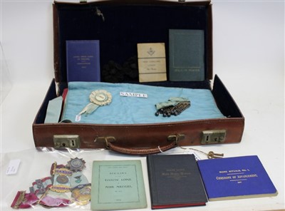 Lot 3522 - Two cases containing a collection of Masonic jewels and other regalia – including four silver gilt / enamel badges and one other 9ct gold