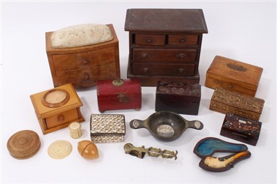 Lot 1005 - Georgian pressed wood snuff box, together with other boxes and a miniature chest of draws