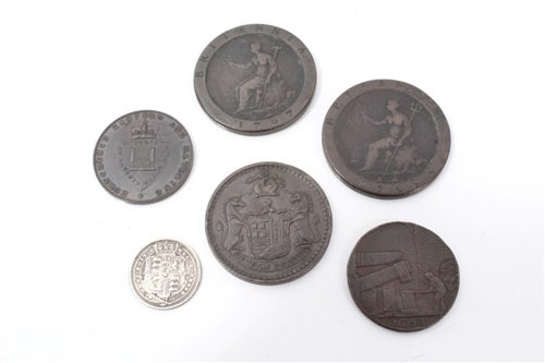 Lot 145 - G.B. mixed coinage – to include copper Halfpenny tokens John Wilkinson 1793.  GF, Hornchurch, Romford and Havering (1795).  GVF – AEF, Penny Bristol 1811 (N.B. edge bruised), otherwise GVF, Soho Mi...