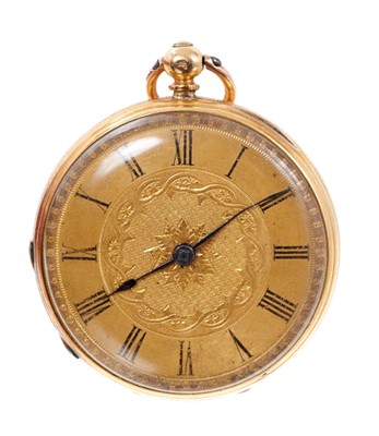 Lot 747 - Victorian 18ct gold fob watch with engraved dial and case