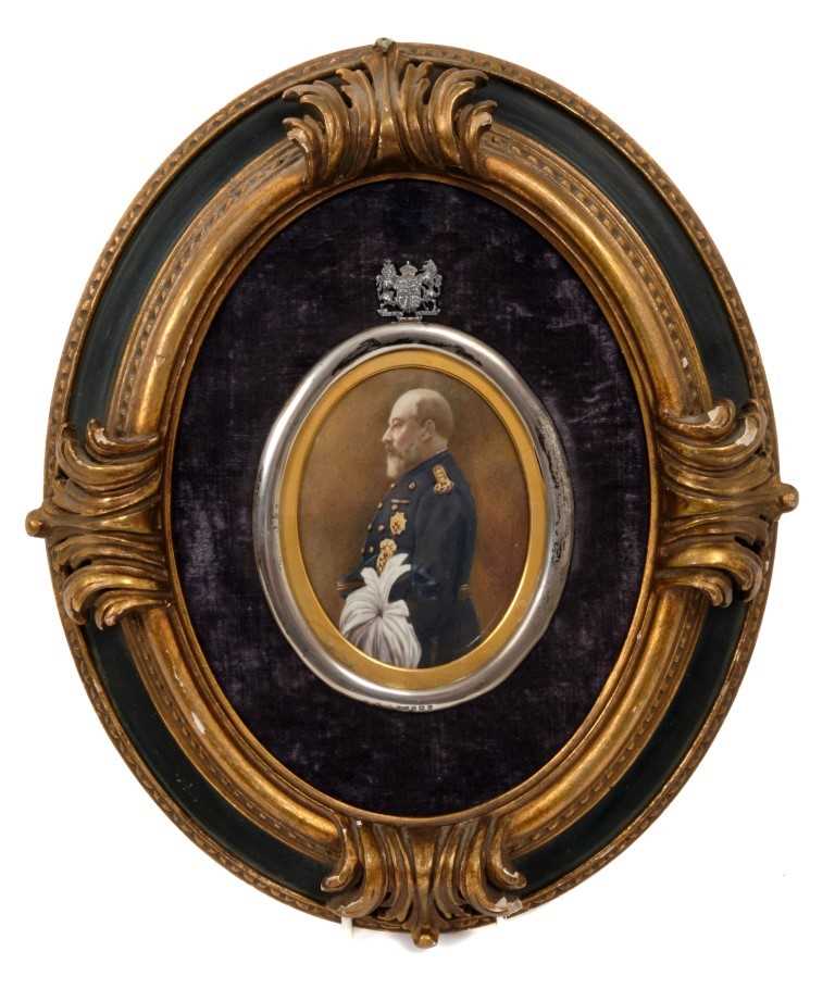 Lot 58 - Edwardian photographic portrait miniature of HM King Edward VII in profile, military uniform