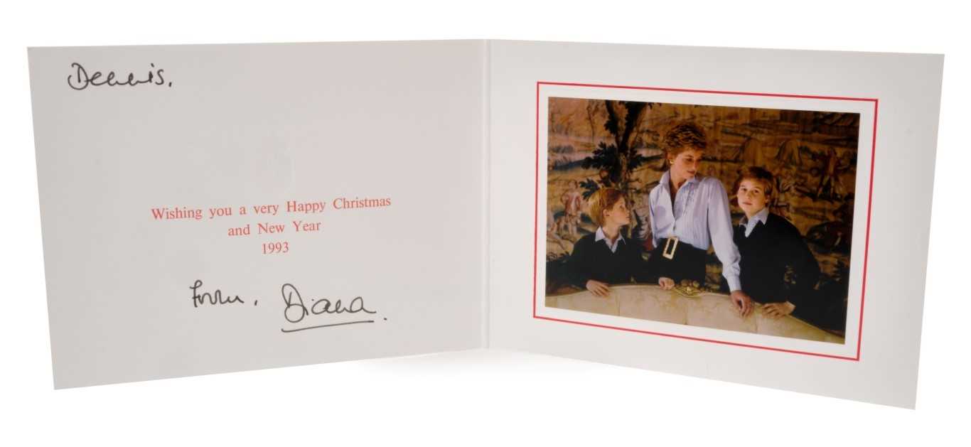 Lot 27 - Diana Princess of Wales, signed 1993 Christmas card, colour photograph of The Princess with her sons