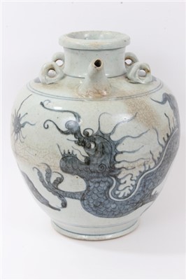 Lot 310 - Antique Chinese blue and white baluster-shaped vessel with painted dragon decoration, 33cm