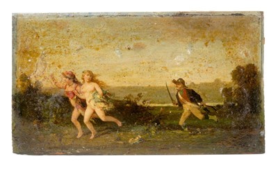 Lot 997 - Early 19th oil on panel, two female lovers being pursued by a man with a sword