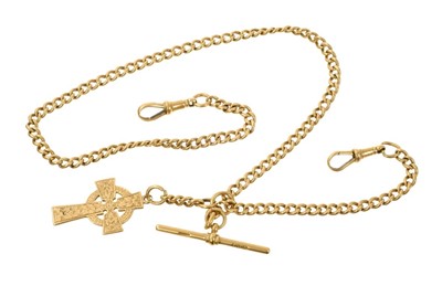 Lot 678 - Edwardian 18ct gold curb link watch chain with a 15ct gold cross fob. 44cm