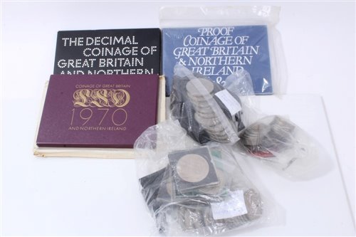 Lot 149 - G.B. mixed coinage – to include Royal Mint Proof Sets 1970, 1971, 1982, Elizabeth II cupro-nickel Crowns (x 145), Coronation 1953 (x 5), a small quantity of pre-1947 (estimated face value £1.55), V...