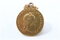 Lot 152 - G.B. gold Quarter Guinea George I 1718 (N.B. mounted at the 12 o’clock position), otherwise GF – AVF (1 coin)