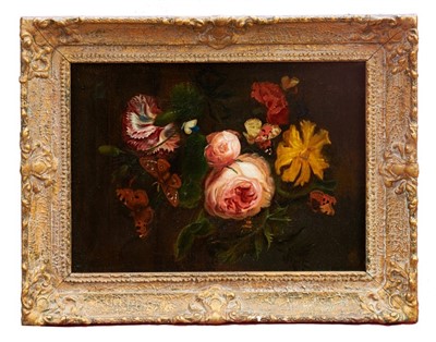 Lot 1310 - Dutch School, 17th/18th century oil on canvas -  still life of flowers with butterflies, in gilt frame, 33cm x 46cm