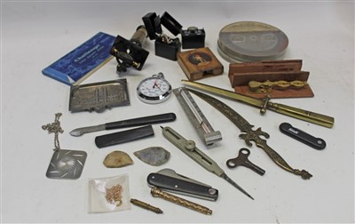 Lot 3558 - Selection of miscellanea – including small microscope, pair sovereign scales, watch stand, yachting timer, pair travelling inkwells and other items (qty)