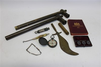 Lot 3559 - Selection of miscellaneous militaria – including two First World War trench periscopes with spare lenses, oil bottle, whistle, trench art letter opener and button hook, compass and a copy of the Re...