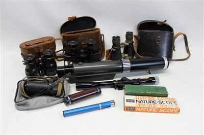 Lot 3560 - Four pairs binoculars in leather cases, a monocular telescopic sight and four other telescopes (qty)