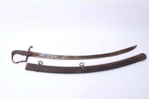 Lot 814 - 1796 pattern light calvary troopers sword, with stirrup hilt, ribbed wooden grip and curved steel blade (sharpened for active service), I’m iron scabbard.