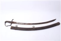 Lot 814 - 1796 pattern light calvary troopers sword, with stirrup hilt, ribbed wooden grip and curved steel blade (sharpened for active service), I’m iron scabbard.