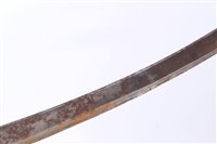 Lot 814 - 1796 pattern light calvary troopers sword, with stirrup hilt, ribbed wooden grip and curved steel blade (sharpened for active service), I’m iron scabbard.