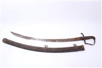 Lot 814 - 1796 pattern light calvary troopers sword, with stirrup hilt, ribbed wooden grip and curved steel blade (sharpened for active service), I’m iron scabbard.