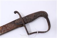 Lot 814 - 1796 pattern light calvary troopers sword, with stirrup hilt, ribbed wooden grip and curved steel blade (sharpened for active service), I’m iron scabbard.