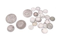 Lot 161 - G.B. mixed silver coinage – to include George III Shilling 1816.  F, Victoria J.H. Double Florin 1889.  GF – AVF, Half Crown 1889.  GF – AVF and silver Threepences, etc (qty)